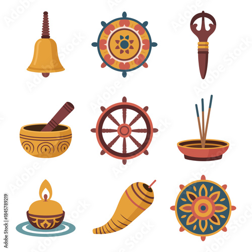 Buddhist ritual object icon set, singing bowl incense bell prayer wheel oil lamp symbols, meditation practice, flat vector illustration