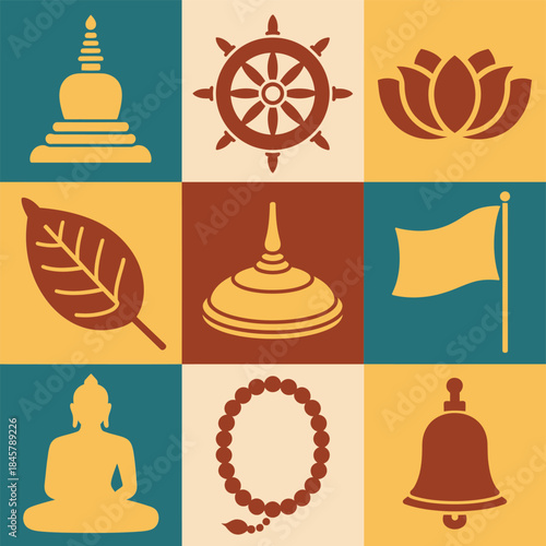 Temple culture square icon collection, stupa bell lotus leaf prayer flag monk symbols, Buddhist heritage elements, flat vector design