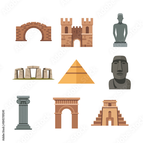 Ancient world monument icon set, pyramid arch statue column temple ruins, historical landmarks, travel education, flat vector illustration