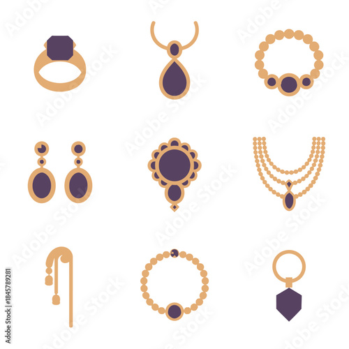 Ethnic jewelry illustration collection, gold ring necklace earrings pendant bead accessories, vintage ornament style, flat vector design elements