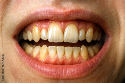 Close-up of human mouth showing upper and lower teeth with natural yellowish enamel and healthy pink gums