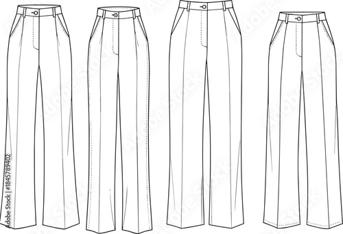 CAD drawing flat vector illustration of women’s tailored pants fashion design template, pleated, flat front, wide-leg formal trousers
