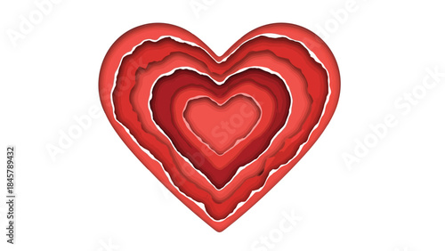 A heart shaped object with multiple red layers and white outlines on a white background