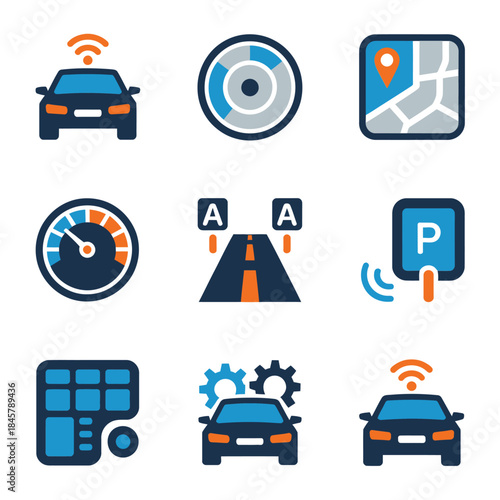 Connected car navigation icon collection, gps map parking assistance speed control, intelligent mobility system, flat vector design illustration