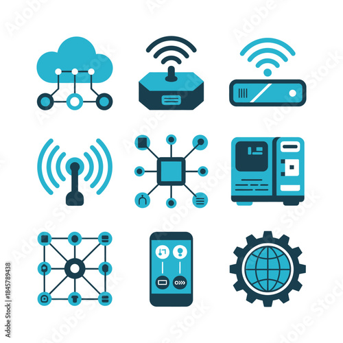 Cloud network icon set, wireless router server database connectivity symbols, digital infrastructure technology, modern flat vector illustration