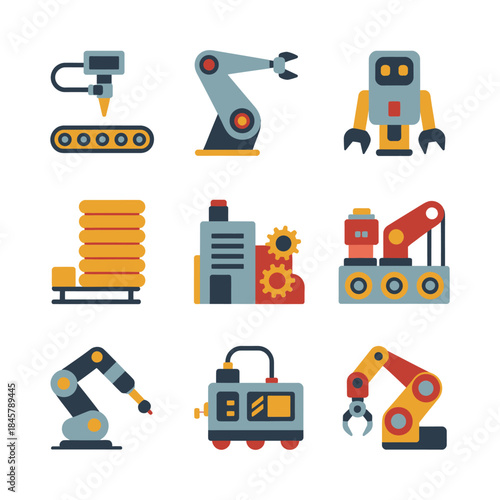 Smart factory robot icon set, automated production line machines sensors, industrial technology workflow, flat vector illustration design collection
