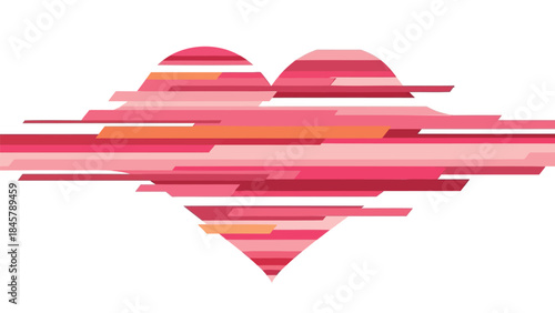 Glitchy heart shape made of pink and orange digital fragments on white background