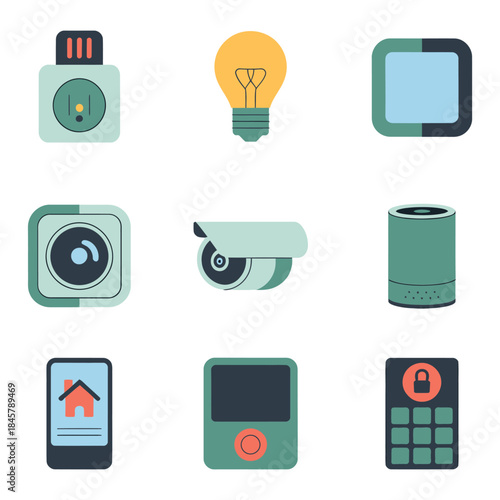 Smart home security icon set, camera sensor lock alarm keypad lighting devices, connected protection system, modern flat vector illustration