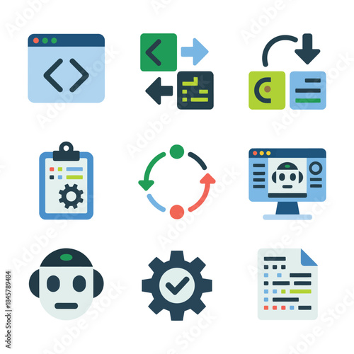 Software development icon set, code window sync arrows clipboard settings, programming workflow tools, modern flat vector illustration