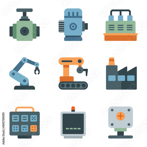 Factory machinery icon collection, robot arm conveyor cnc machine pump motor equipment, industrial production system, flat vector design