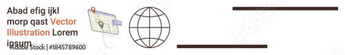 Navigation, geolocation, global connectivity, mapping systems, travel, GPS technology. A globe icon and map with location pin. Navigation and geolocation concepts for directional tools and world