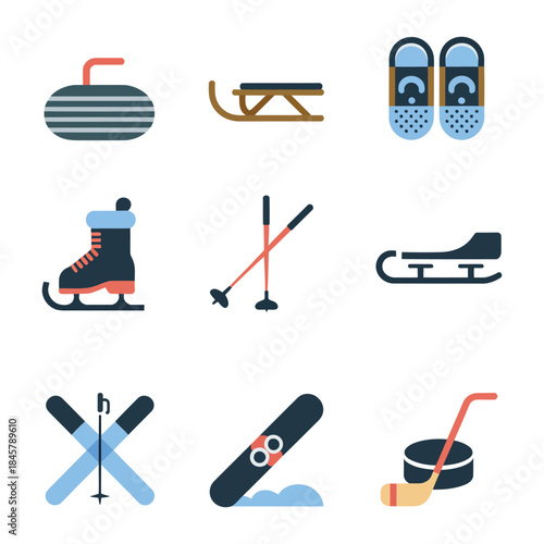 Snow sport gear icon set, ski poles snowboard skates helmet boots sled equipment, winter recreation, flat vector illustration