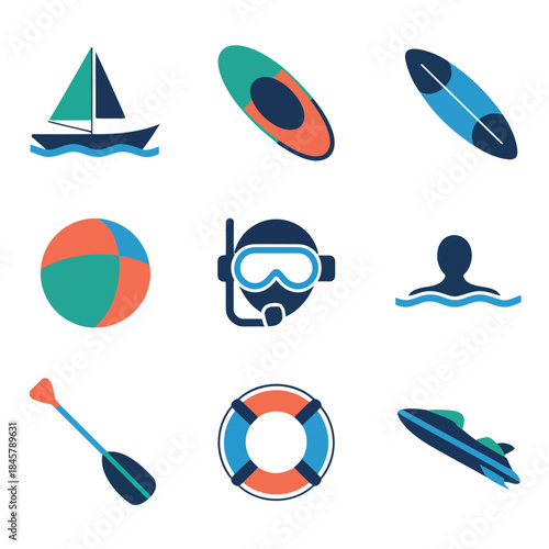Water sports icon set, kayaking canoe surfing swimming snorkeling lifebuoy paddle equipment, outdoor recreation, flat vector illustration
