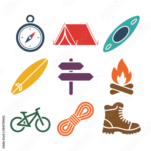 Camping and trekking icon collection, compass tent signpost campfire rope boots kayak symbols, outdoor survival, flat vector design