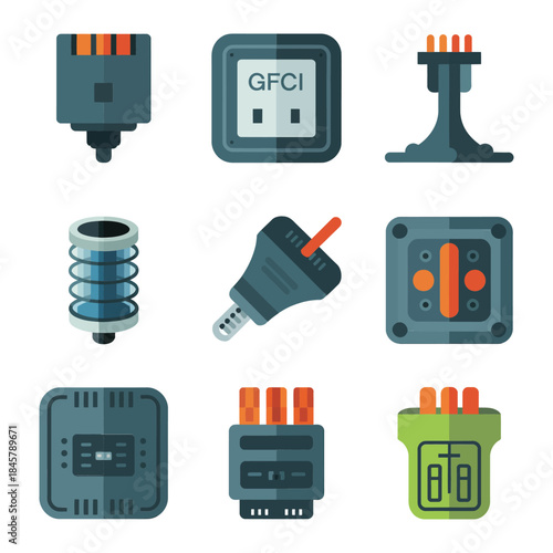 Industrial electrical parts icon collection, plug socket fuse adapter connector power modules, engineering equipment, flat vector design