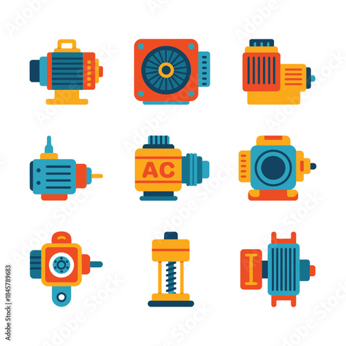 Mechanical drive component icon collection, motor fan actuator gearbox compressor units, industrial engineering, flat vector design