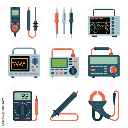 Electrical testing instrument icon collection, multimeter oscilloscope probes signal analyzer devices, electronics diagnostics, flat vector design