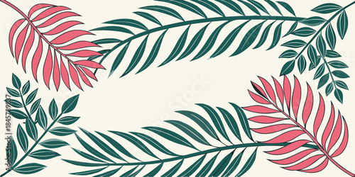 Vibrant tropical leaves framing a dark background, vector