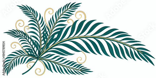 Decorative tropical leaves with golden swirls, vector