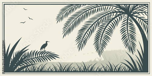 A serene tropical landscape with a heron and palm trees, vector