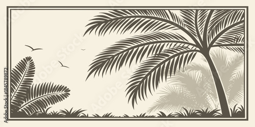 Tropical landscape with palm trees and flying birds, vector