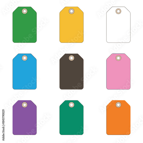 Bright empty label and price tag icon set with assorted colors retail sale packaging flat vector illustration