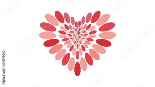 A heart shaped floral design in shades of red and pink on a white background