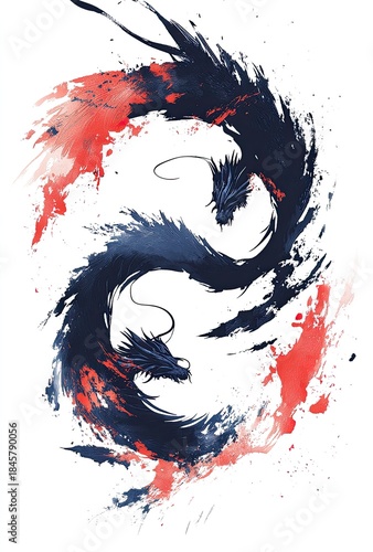 Two intertwining dragons—one blue, one red—forming a yin-yang symbol with dramatic paint splashes