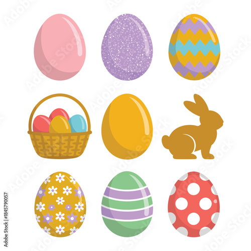 Colorful Easter egg icon set with decorated eggs basket bunny rabbit spring holiday flat vector illustration