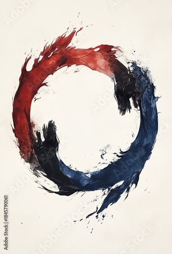 An abstract circular brushstroke design blending vibrant red and deep blue splatters on a light background