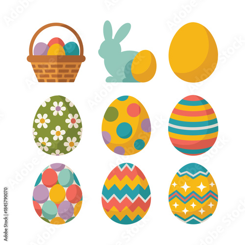 Easter basket and egg icon set with bunny rabbit colorful patterned eggs spring holiday flat vector illustration