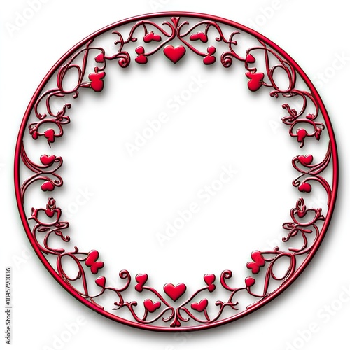 A detailed circular frame with embossed red hearts and swirling vine patterns casting soft shadows on white