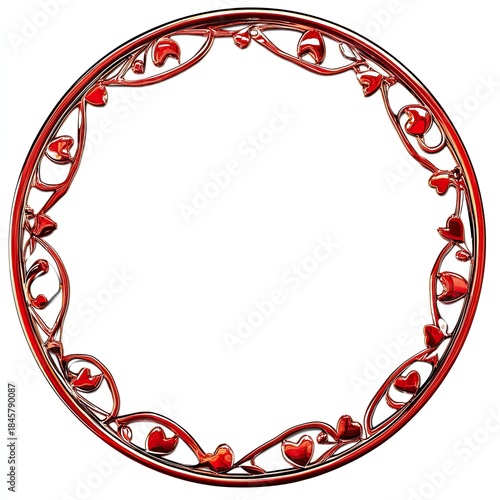 An ornate circular border of metallic red vines and swirling hearts with subtle reflections on white