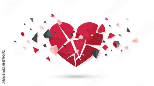 Shattered red heart explodes into fragments on white background, symbolizing love breakup and heartbreak