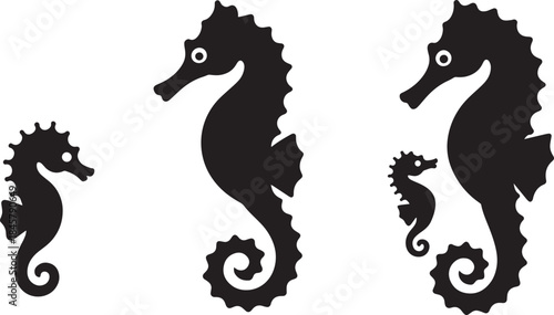 Three different seahorse silhouettes in various sizes on a transparent background