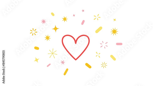 A large red heart surrounded by colorful confetti and stars on white background, symbolizing love and celebration