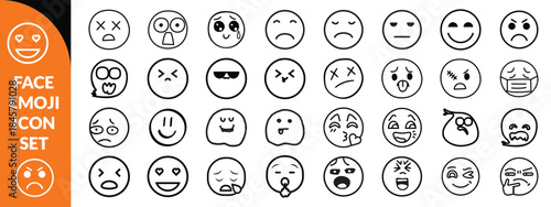 Face emoji icon set. Hand drawn doodle sketch style happy, angry, sad mood face emoticon background. Funny cartoon characters smile, wink, kiss emoji