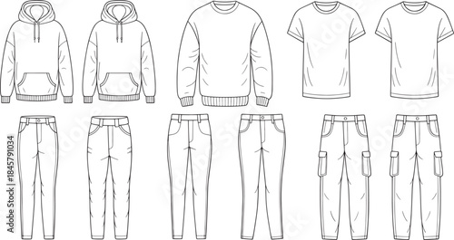 "Minimalist Fashion Vector Collection - Hoodies, T-shirts, Jeans, and Sweatpants Mockups"