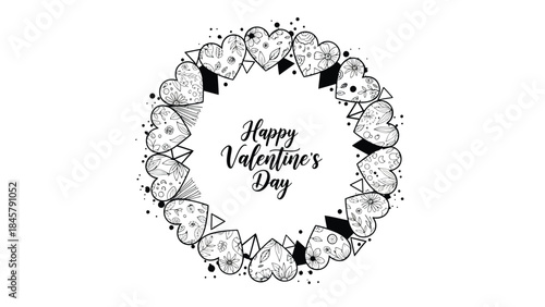 Black and white heart wreath with happy valentine's day text for romantic greeting cards and festive decorations with love hearts