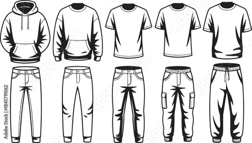 "Minimalist Fashion Vector Collection - Hoodies, T-shirts, Jeans, and Sweatpants Mockups"