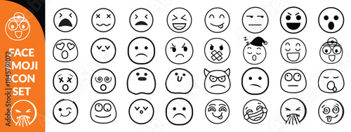 Face emoji icon set. Hand drawn doodle sketch style happy, angry, sad mood face emoticon background. Funny cartoon characters smile, wink, kiss emoji