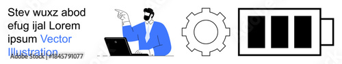 Technology, gadget usage, productivity, business operations, energy efficiency, workflow management. A man using a laptop, a gear icon and a battery symbol. Technology and productivity concepts