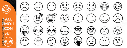 Face emoji icon set. Hand drawn doodle sketch style happy, angry, sad mood face emoticon background. Funny cartoon characters smile, wink, kiss emoji