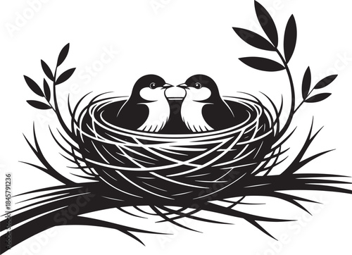 "Minimalist Black and White Vector Illustration of Two Birds in a Nest"