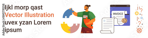 Business planning, financial tools, payment processing, collaboration, problem-solving, teamwork. Person holding puzzle pieces, alongside paper invoice and financial icons. Business planning