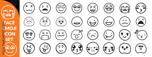 Face emoji icon set. Hand drawn doodle sketch style happy, angry, sad mood face emoticon background. Funny cartoon characters smile, wink, kiss emoji