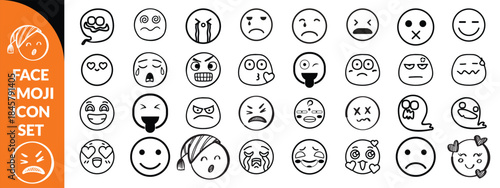 Face emoji icon set. Hand drawn doodle sketch style happy, angry, sad mood face emoticon background. Funny cartoon characters smile, wink, kiss emoji