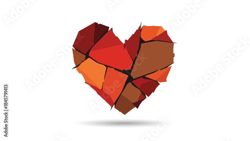 Broken heart in shades of red and orange on white background with polygonal fragments