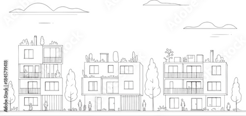 "Clean Architectural Vector Elevation Design with Modern Buildings and Urban Landscape"