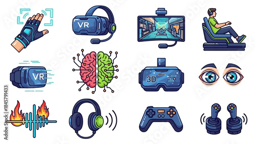 Virtual Reality Technology and Gaming Icons Collection.